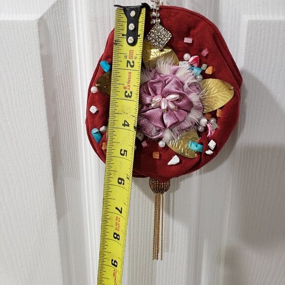 Brown Coin Purse with Pink Satin Flower, Gems & Gold Leaf – Statement Mini Bag - Picture 10 of 12